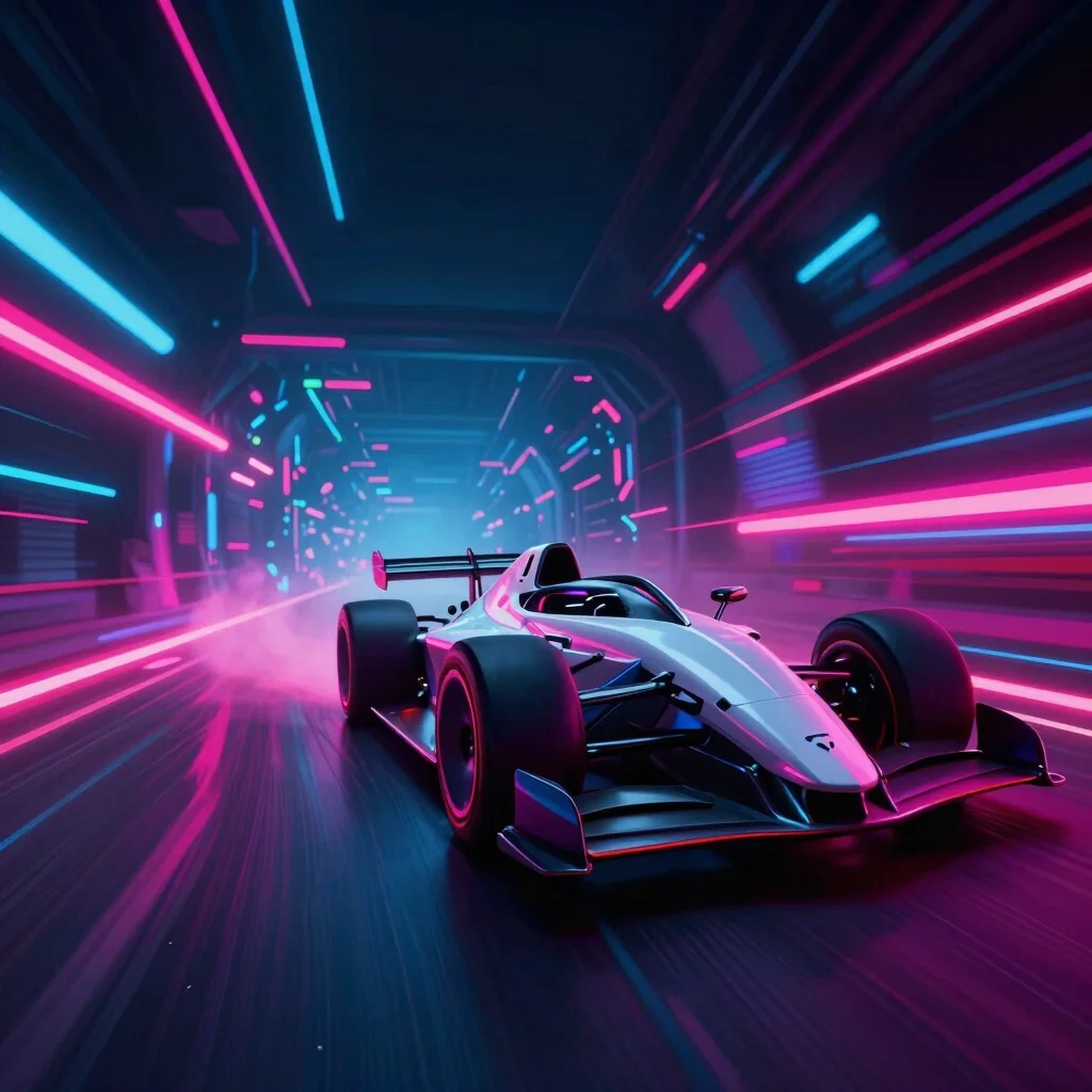 Game cover art for a futuristic racing game, vibrant neon streaks