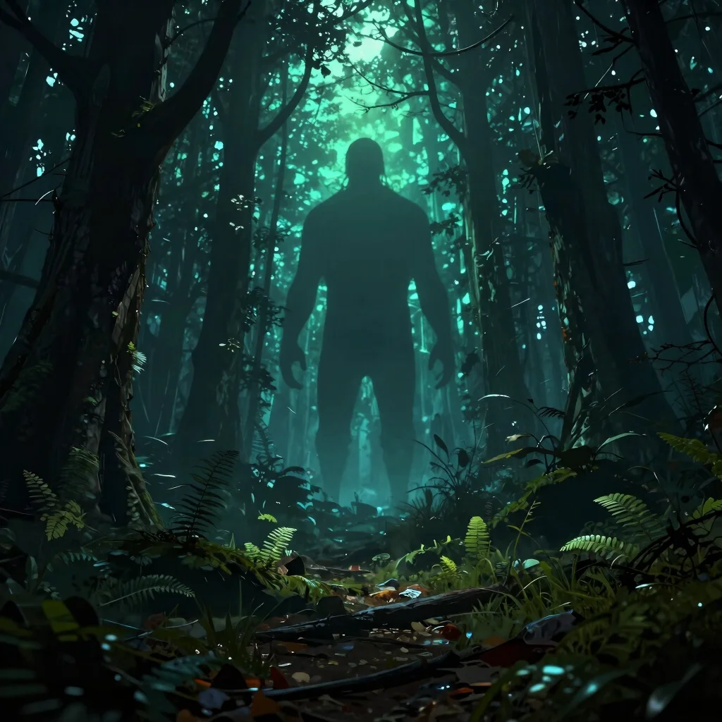 Game cover art for a horror survival game, dark forest, subtle mo