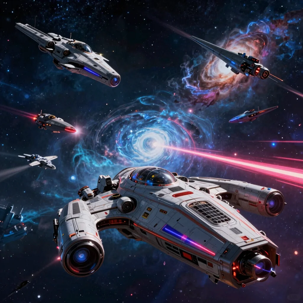 Game cover art for a space combat simulator, starships, nebulae,